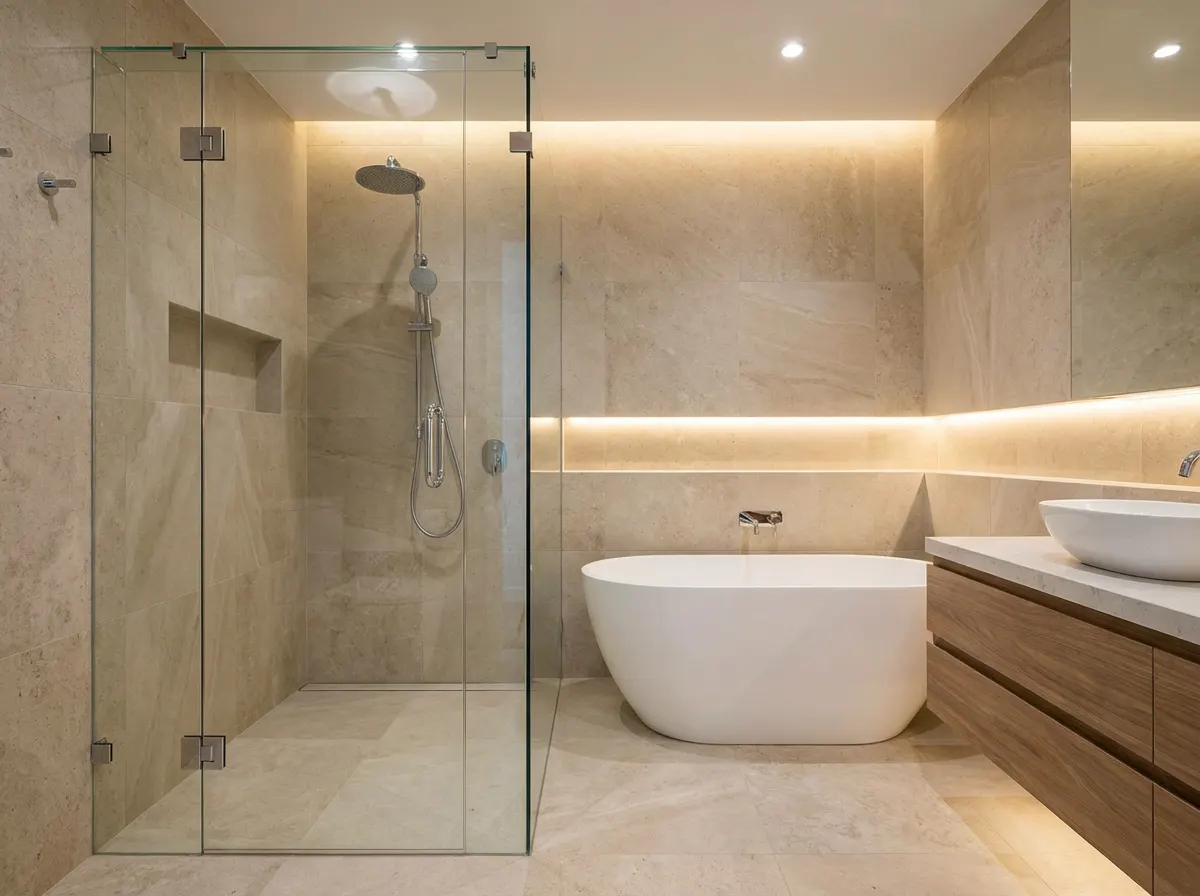 Baño con puerta de vidrio templado